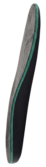 The actual insole side profile, showing the change in contour and the green edge along its length